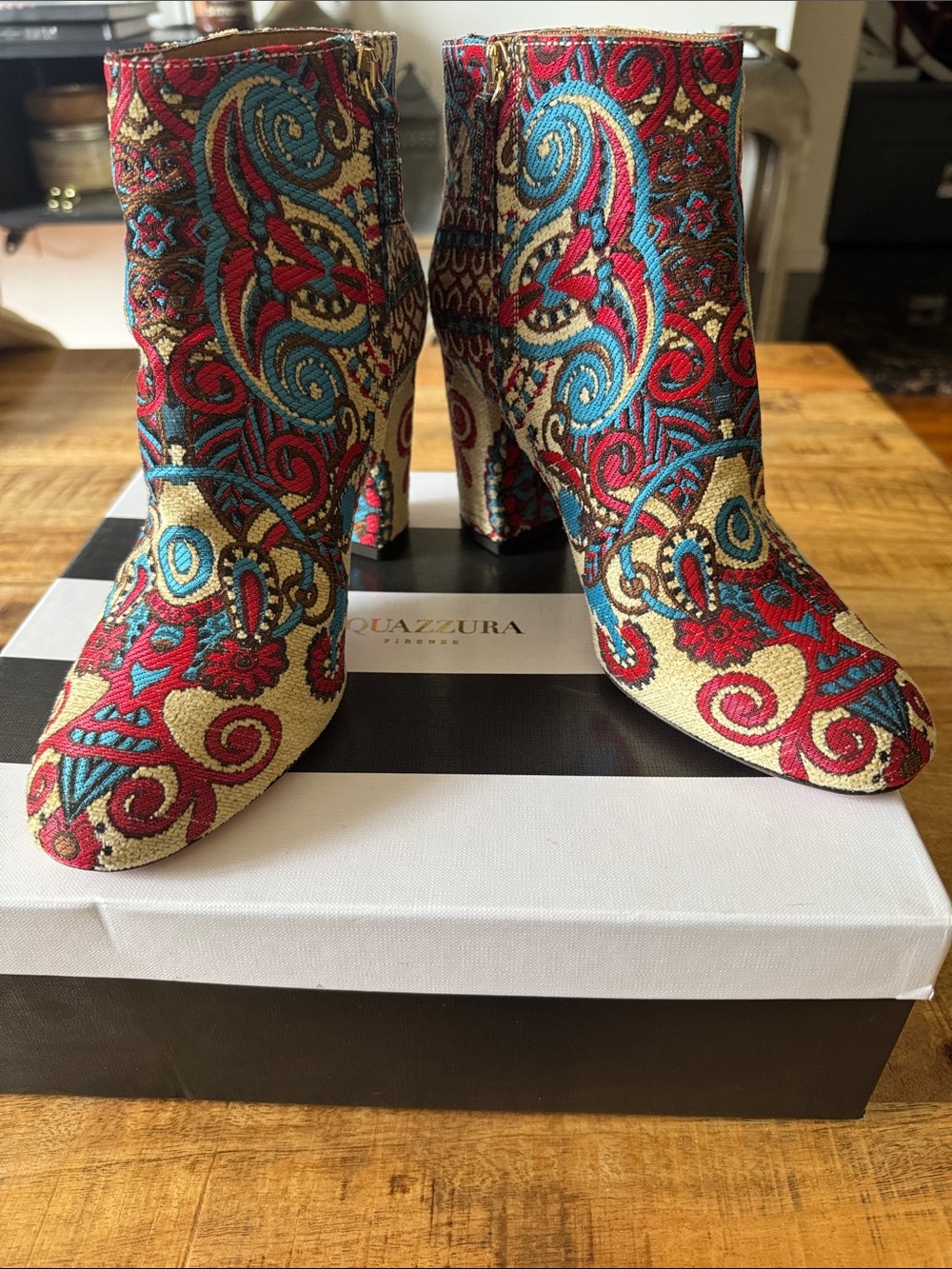 Aquazzura Brooklyn Bootie 85 Paisley Embroidered Ankle Boots Kazakh Tapestry NEW
